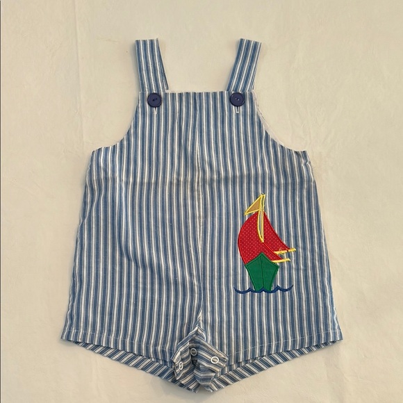 Vintage Striped Smock Overalls with Sailboat Design - Picture 1 of 8